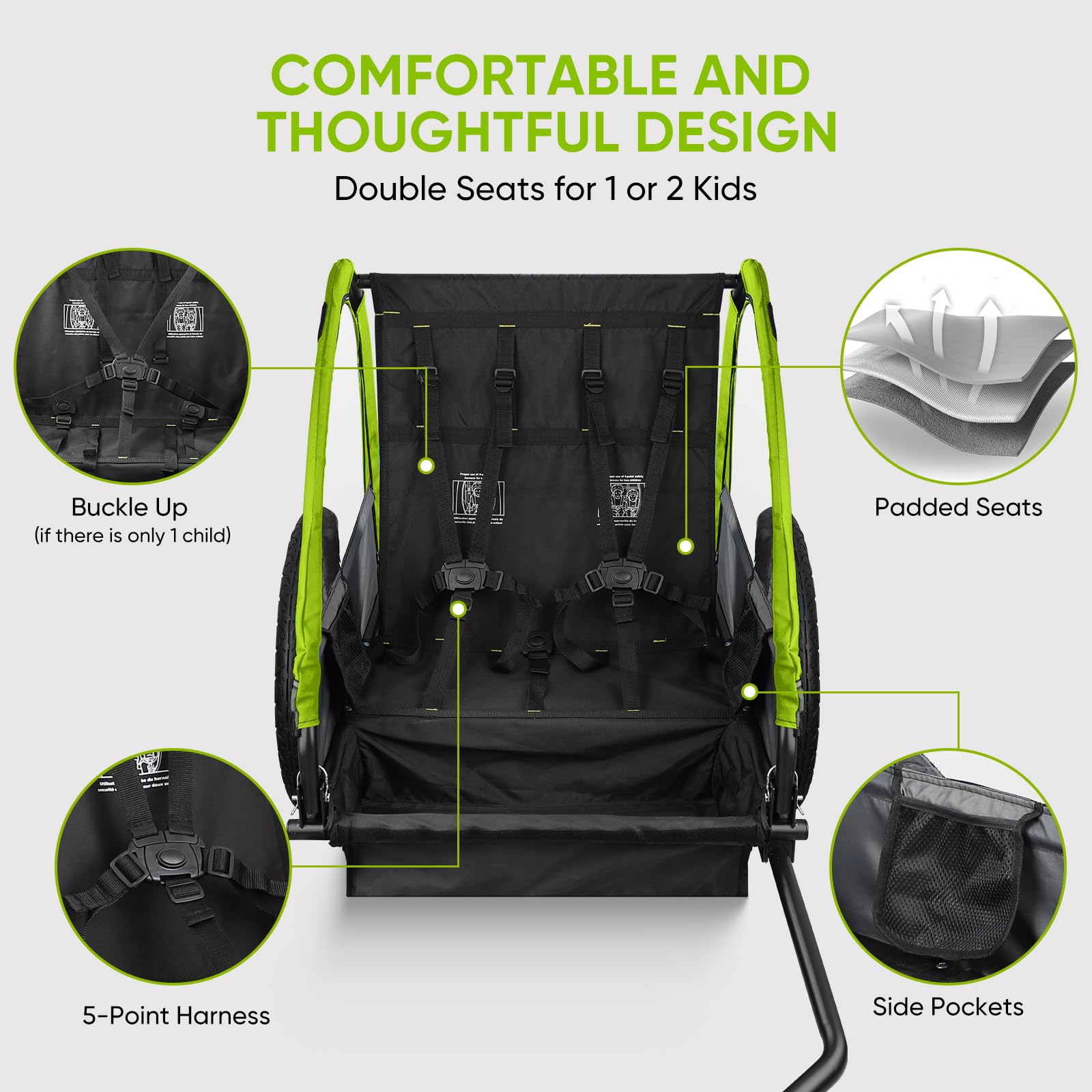 SEPNINE Rimorchio per bambini, a due posti, per fuoristrada, cinture di sicurezza integrate, pieghevole con freno a mano, per 1-2 bambini, max. 40 kg