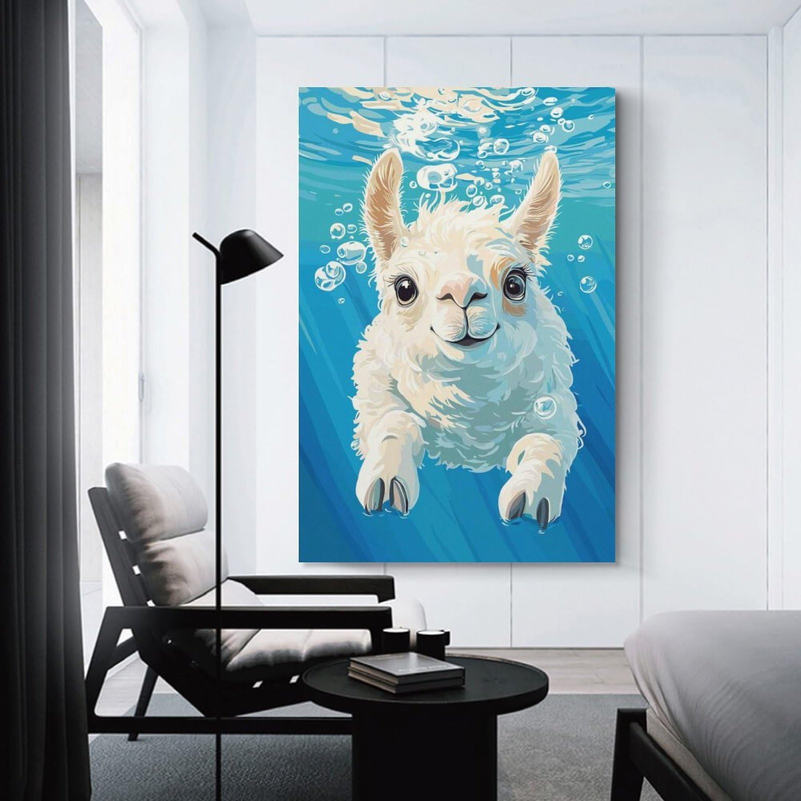 Junmoney Unframe-Style-6 Underwater Llama Portrait Hanging Wall Art, 20X30inch(50X75cm), For Bedroom Decor, Cosy Corners Or Studios, An Easy Wall Refresh For Bedrooms