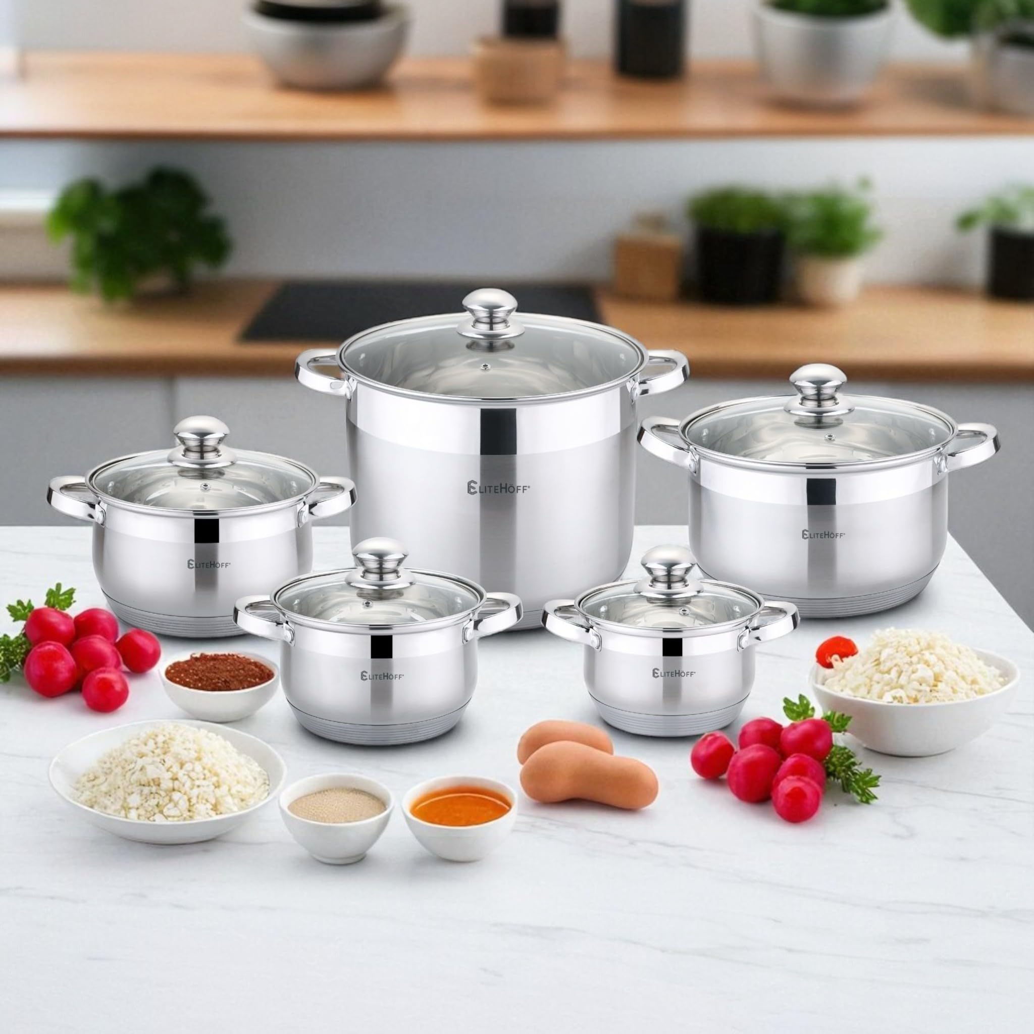 EliteHoff 10-teilig Induktion Kochtopf-Set, 7-lagig Edelstahl Kochtopf, 5er Set Töpfe mit Deckeln, für Alle Herdarten