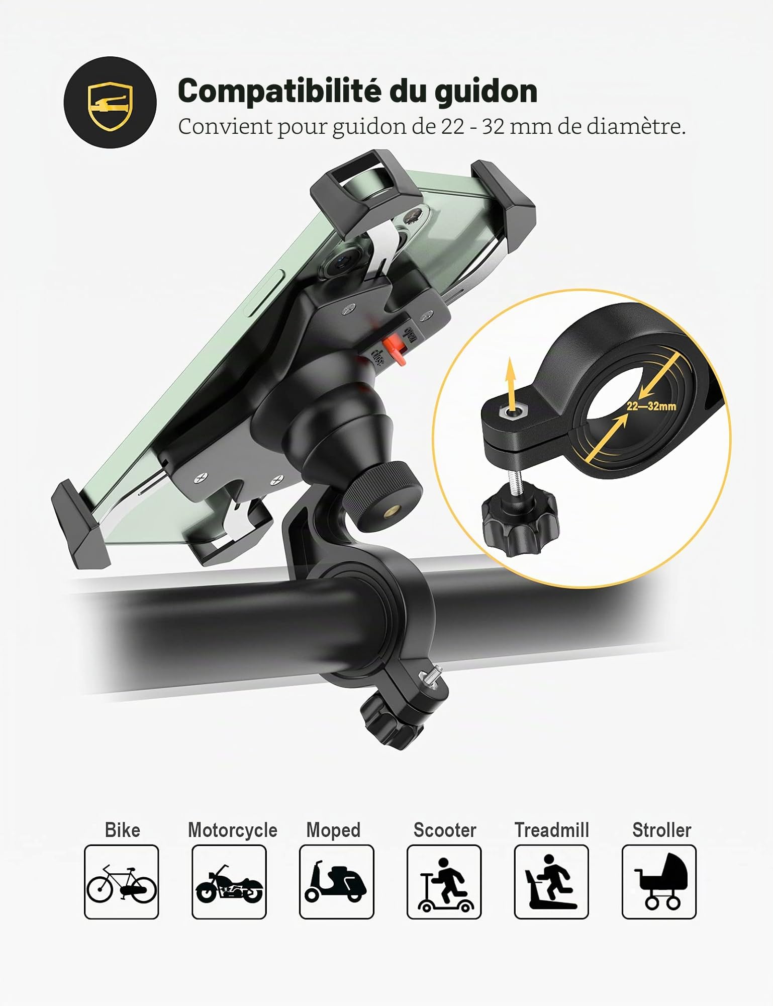 Grefay Support Téléphone Vélo Métal Suport Téléphone pour Moto Guidonavec Support Telephone Scooter 360° Rotation pour 4,5-6,8 Pouces Smartphones Samsung S10 S9 S8 S7 Huawei