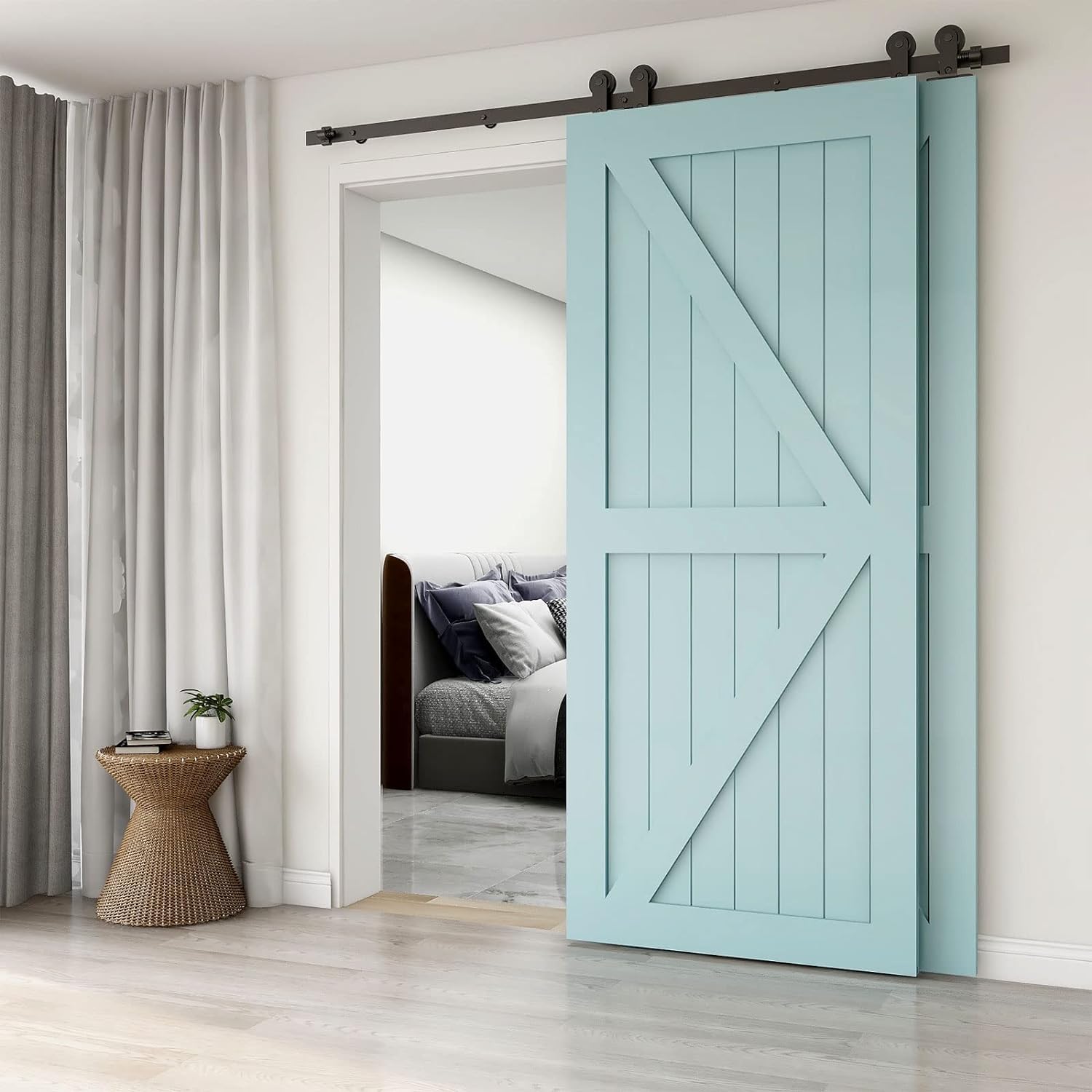 5FT/152CM Binario per Porta Scorrevole Kit per Coincide Doppia Porta Barn Bypass Sistema Nero Forma T