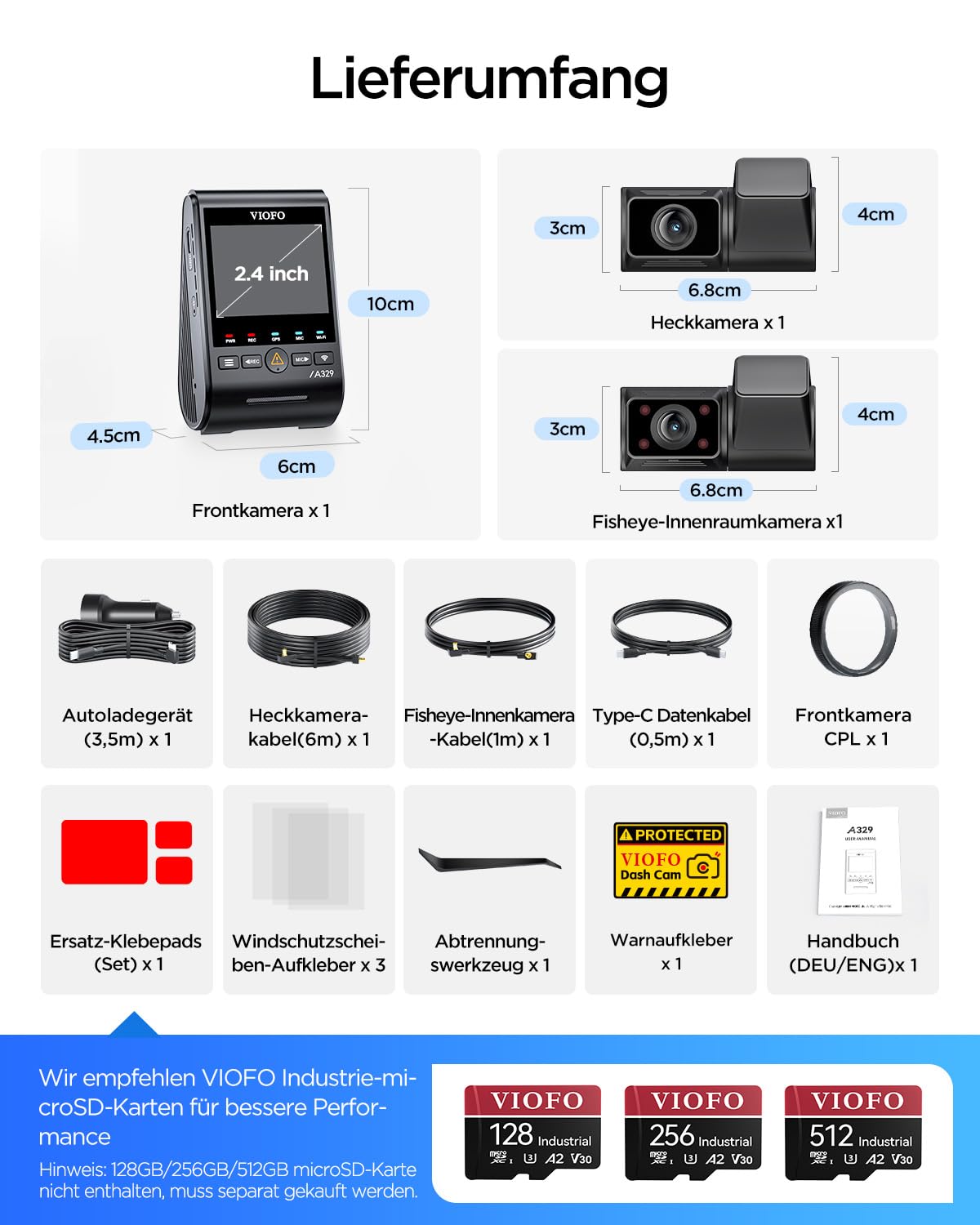 VIOFO A329S 3CH 4K Dashcam vorne hinten, 4K + 2K + 2K Dashcam Auto 3 Lens, Energiespar-Parkmodus, 210°Ultraweitwinkel Innenkamera, Wi-Fi 6 u. App Steuerung, Drei STARVIS 2 Autokamera, optional 4TB SSD