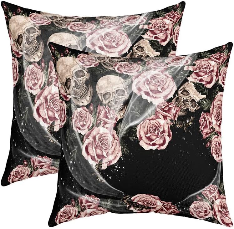 Pack of 2 Sugar Skull Decorative Throw Pillow Covers, Soft Gothic Skull Rose Square Cushion Case Set for Couch Sofa Bedroom Living Room, Halloween Themed Pillow Cases Pillowcases, 20x20 Inch