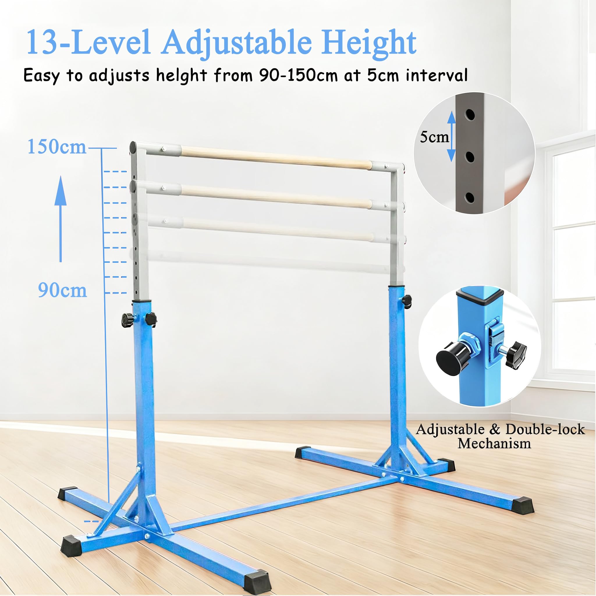 Kids Gymnastics Bar Horizontal Bar with Gymnastic Rings 13 Height Adjustable,Junior Training Kip Bar Gymnastics Equipment for Home Gym, Indoor Outdoor Use