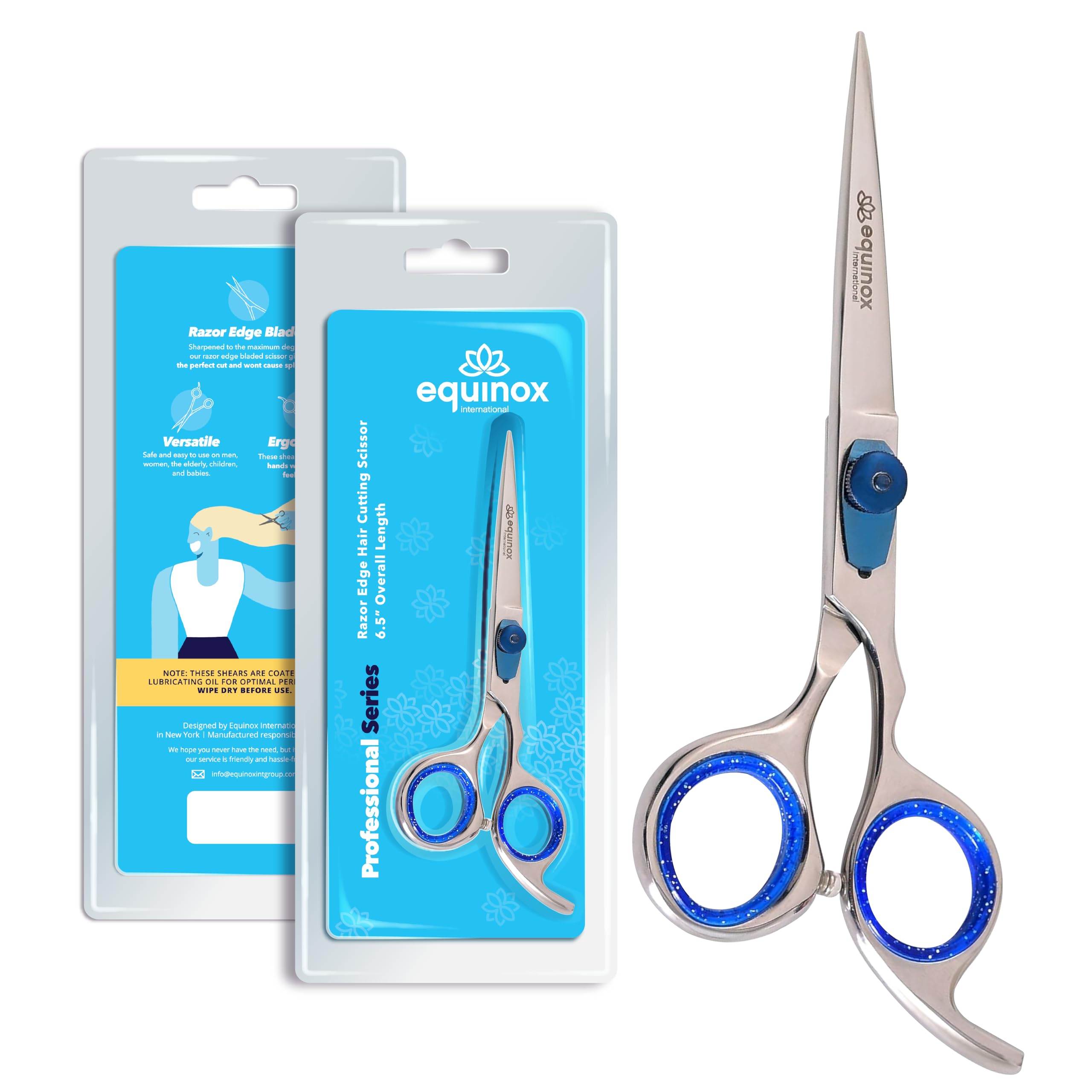 Equinox Professional Hair Scissors - Hair Cutting Scissors Professional - 6.5" Overall Length - Razor Edge Barber Scissors for Men and Women - Premium Shears For Salon (Blue Finger Rests)