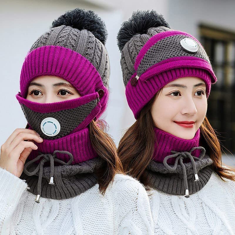 ZEKI Girl's/Women's Winter Warm Woolen (Inside Fur) Pom Pom Cap/Beanie + Neck Cover (with Detachable Filtered mask) (Purple) 2