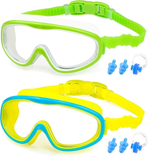 KAILIMENG Gafas de natación para niños, paquete de 2 gafas de natación para edades de 3 a 15 años, antivaho y anti-rayos UV Cear de visión amplia