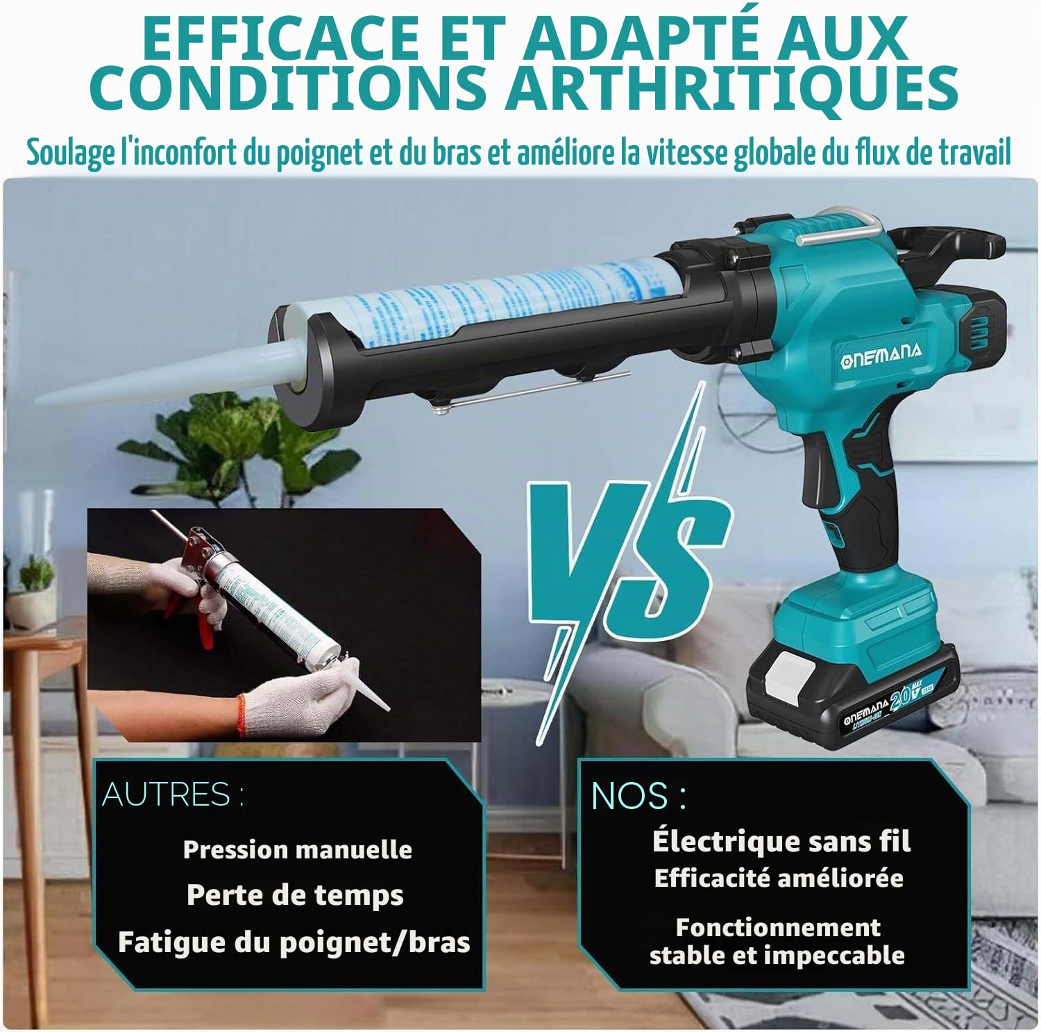 Pistolet à cartouche électrique sans fil, 300 ml, 6 vitesses réglables, 1 batterie 2,0 Ah et chargeur, idéal pour l'étanchéité