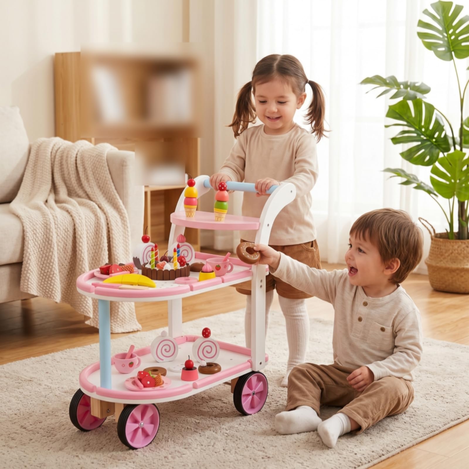 Carrello Pasticceria Bambini Giocattolo Cucina Carrello Dessert Banco Ruote Maniglia in Legno Finto Gioco Servizio Dolce con Ripiani Materiale Legno