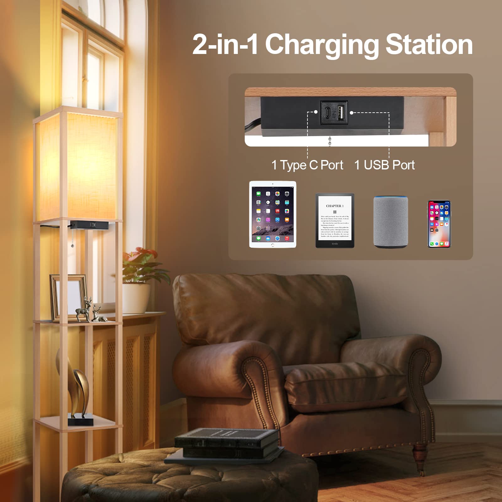 OUTON Lampada da Terra con Scaffale, Lampada da Terra Salotto Dimmerabile con Telecomando, Lampada a Stelo 160cm, 2 Porte di Ricarica USB, Piantana da Terra per Soggiorno, Camera Da Letto, Legno