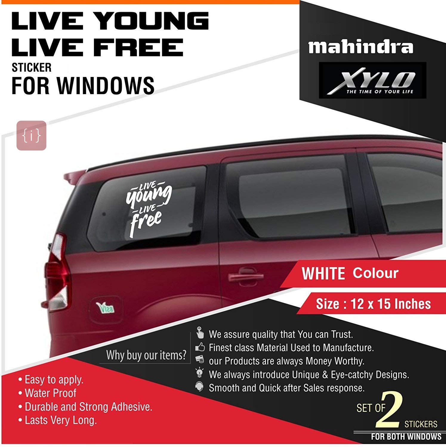 ISEE 360® Stickers for Car Exterior Live Young Live Free White Decals L x H 30 x 32 Cms