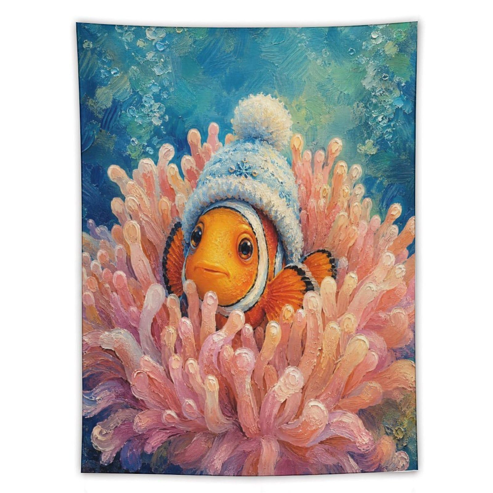 W7C8U2X3 Clownfish Winter Beanie Wall Tapestry, Pink Sea Anemone
