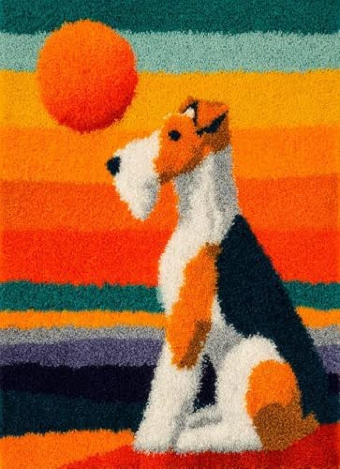 XDEGHUANGSS Latch Hook Rug Kit Fox Terrier Dog Sit Under Sunset Cushion Cover DIY Craft Set Pre-Printed Mat 38x52cm for Home Decor-4