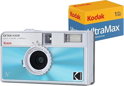 Kodak EKTAR H35N Half Frame Film Camera Bundle with Kodak Ultramax 400/24EXP 35mm Roll Film Glazed Blue, Bundle