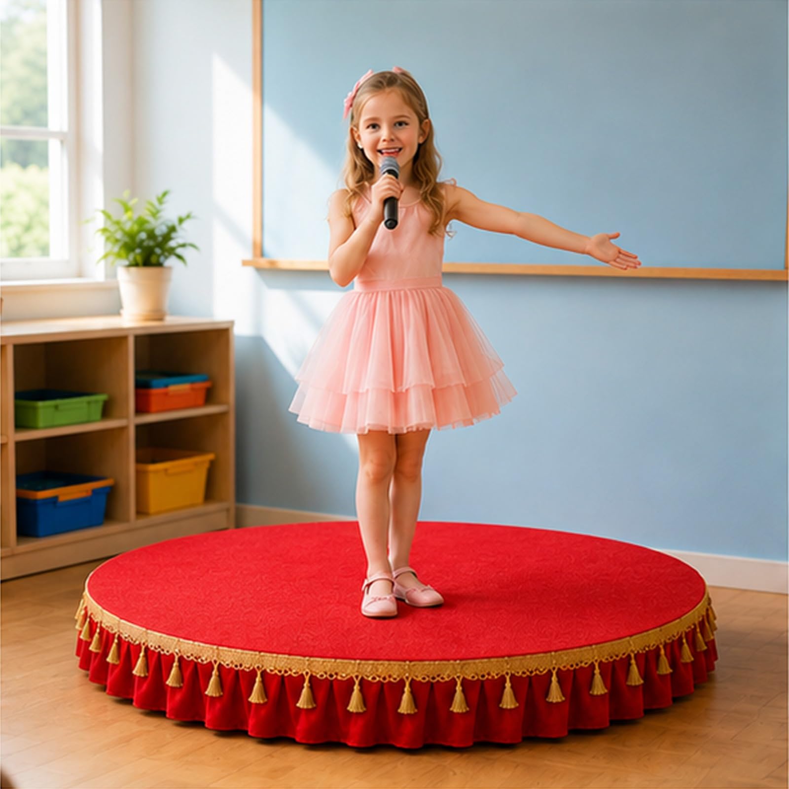 Palco portatile per bambini, include grembiule da palcoscenico, elevata capacità di carico, ideale per ospitare discorsi in pubblico e canti(Red A,100x100cm)