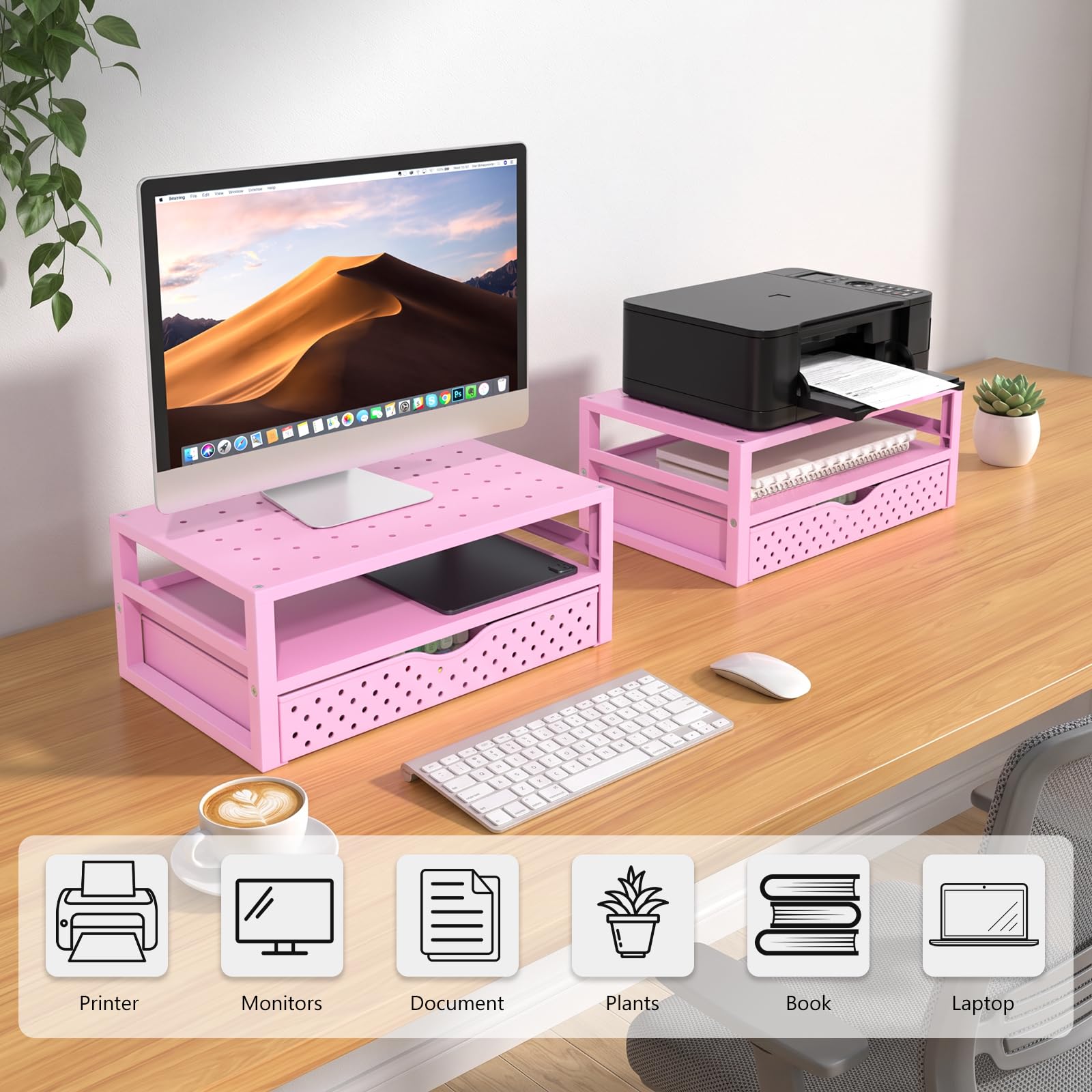 WALI Desk Organizer with Drawer，Computer Monitor Stand with Storage, Desk Organizers and Accessories for Computer, Printer, Laptop Riser for Home Office Supplies, (PTT005-P), 1 Pack, Pink view 8