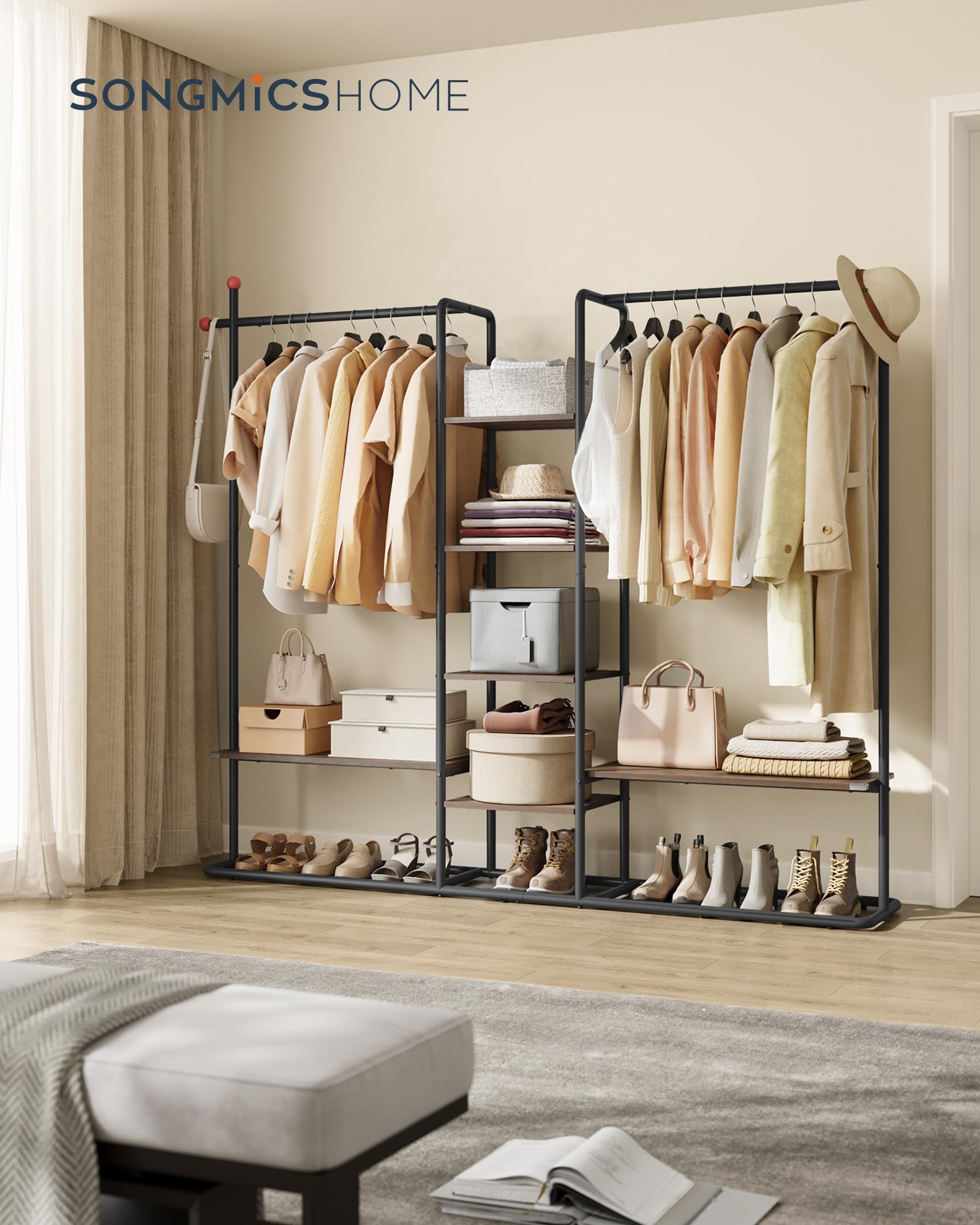 SONGMICS HOME Stand Appendiabiti, Guardaroba Aperto, 6 Ripiani Portaoggetti, 2 Barre, Ganci a Forma di Fiammifero, Armadio Camera da Letto, Noce Naturale e Nero Inchiostro RGR012B01