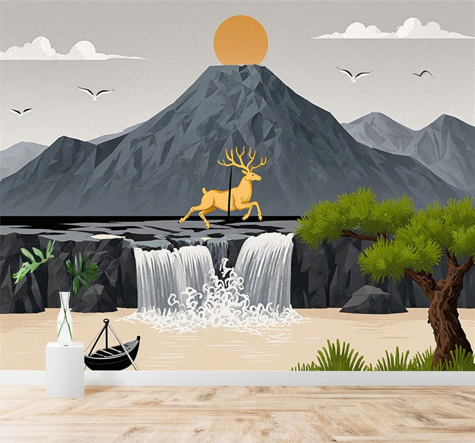 XLMING Waterfall Golden Deer Mountains Sunshine Pine Trees 3D Wallpaper Silky Texture Home Study Office Grey Dining Room Sofa Bedroom Living Room TV Backdrop-300cm×210cm