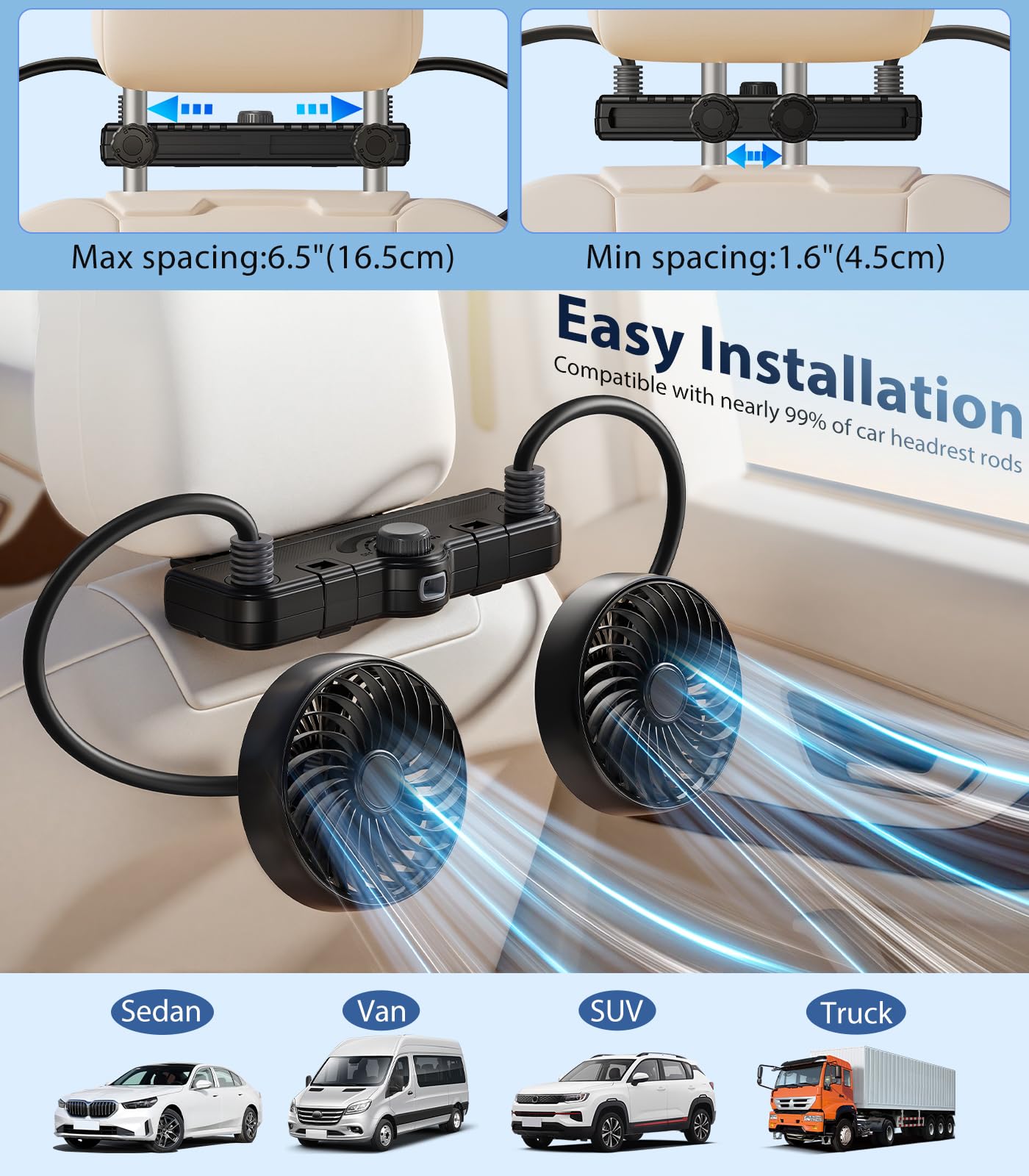 Ventilador recargable de 3000 mAh de doble manguera 360 para coche, SUV, RV, camioneta, reposacabezas de vehículo, ventilador de asiento de coche para bebés y niños, orientación trasera