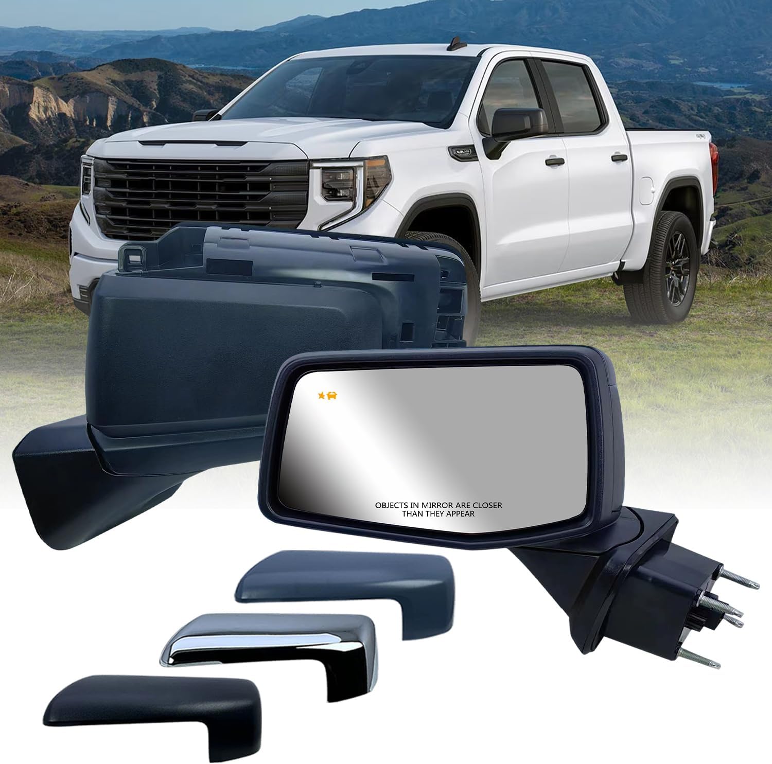 Driver Left Side Door Mirror Power and Heated Glass with BLIS (Blind Spot Sensor) Textured Primer Paintable and Chrome Back Cover Manual Folding for Chevrolet Silverado 1500 from 2019 to 2026