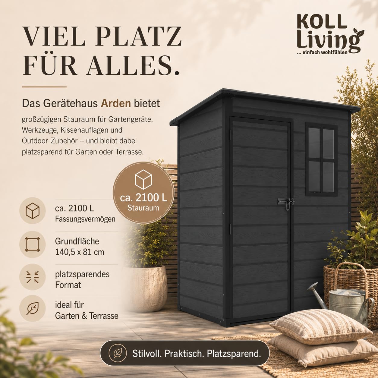 Koll Living Gartenhaus Arden | 2100 Liter, 152 x 91,5 x 193 cm | hochwertige Kunststoffpaneele in Schwarz | mit Fenster, abschließbar | UV- & witterungesbeständig