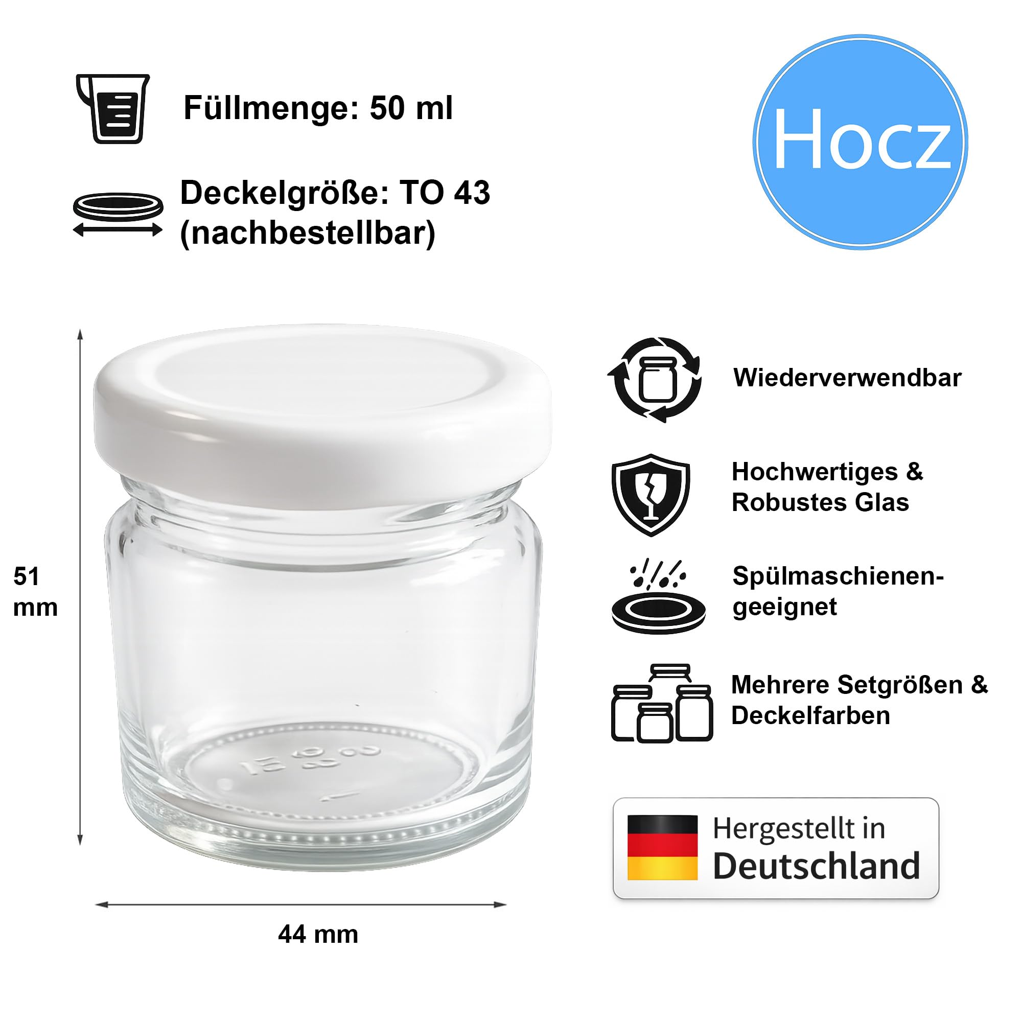 hocz 50x Mini Marmeladengläser 50 ml | mit Deckel Weiß TO 43 | kleine Einmachgläser mit Schraubdeckel zum befüllen | Schraubgläser, Sturzgläser Set | leere Gläser für Marmelade