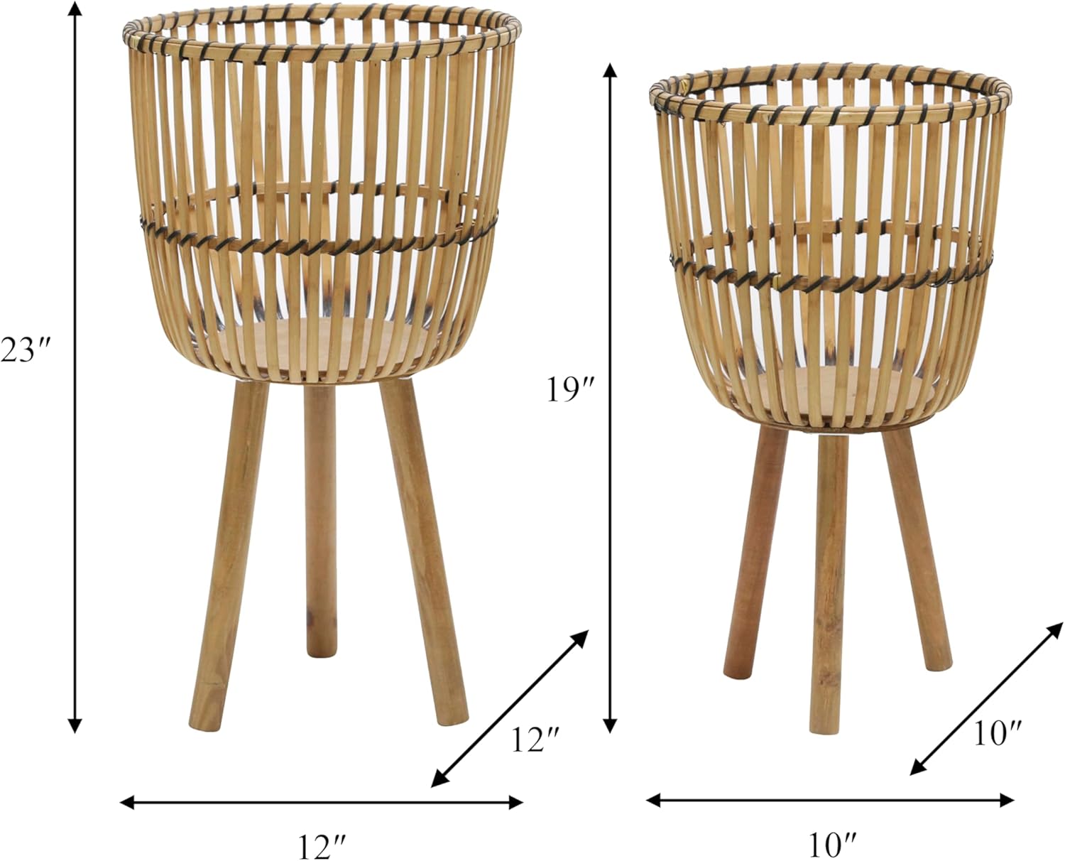 Natural Bamboo and Wood Tri-footed Planter Set for Indoor/Outdoor Decor