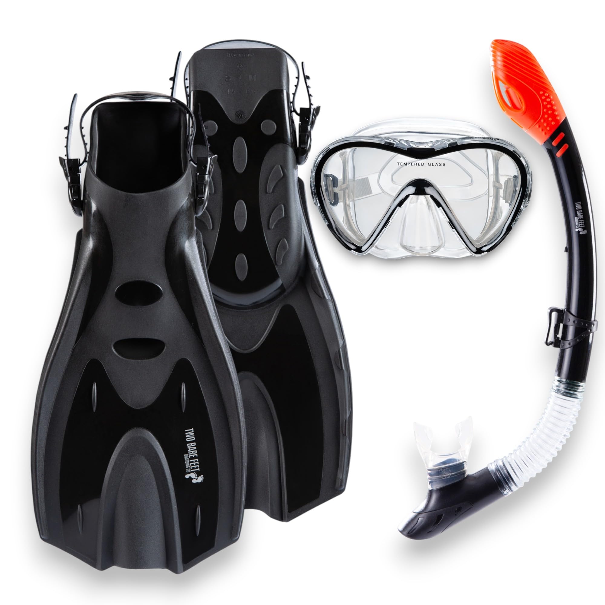 Two Bare Feet Adults 3 Piece Silicone Mask, Snorkel and Fins Diving Set, Anti Fog Anti Leak Snorkelling Set - Style 3 (Black, Dry Top Snorkel, L-XL) โ image 1