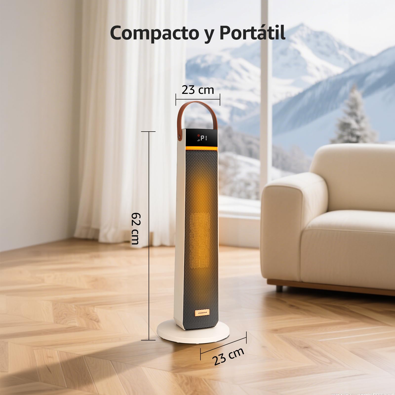 Aigostar Calefactor Cerámico con Luz Nocturna, Mando a Distancia y Pantalla Táctil LED, 2000W, Función ECO, 4 Modos, Silencioso, Temporizador 24H, Temperatura Ajustable 5-35°C, Oscilación y Asa