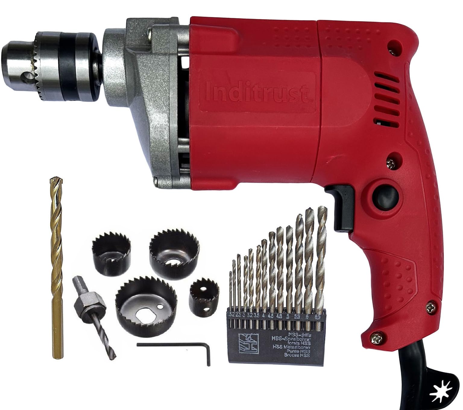 Inditrust 6-Month Warranty 10mm Electric drill machine 350w with13pc HSS bit 6pc Hole saw 1pc Masonry bit set (Pack of 4) Pistol Grip Drill 100% Copper Winding (B0CGLK7T91) Amazon Price History, Amazon Price Tracker