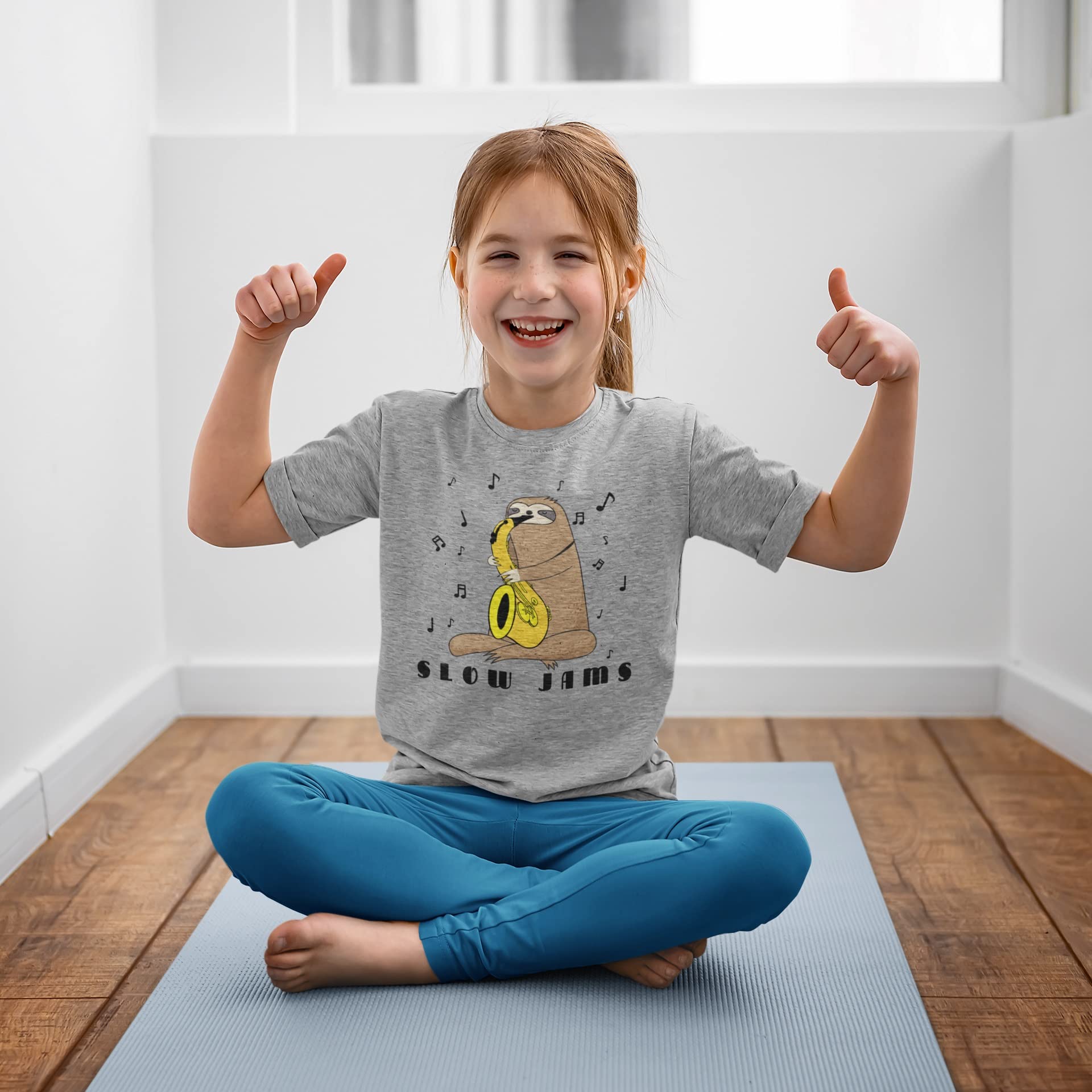 Sloth Slow Jams Funny Pun Saxophone Youth T Shirt Heather YMD Grey