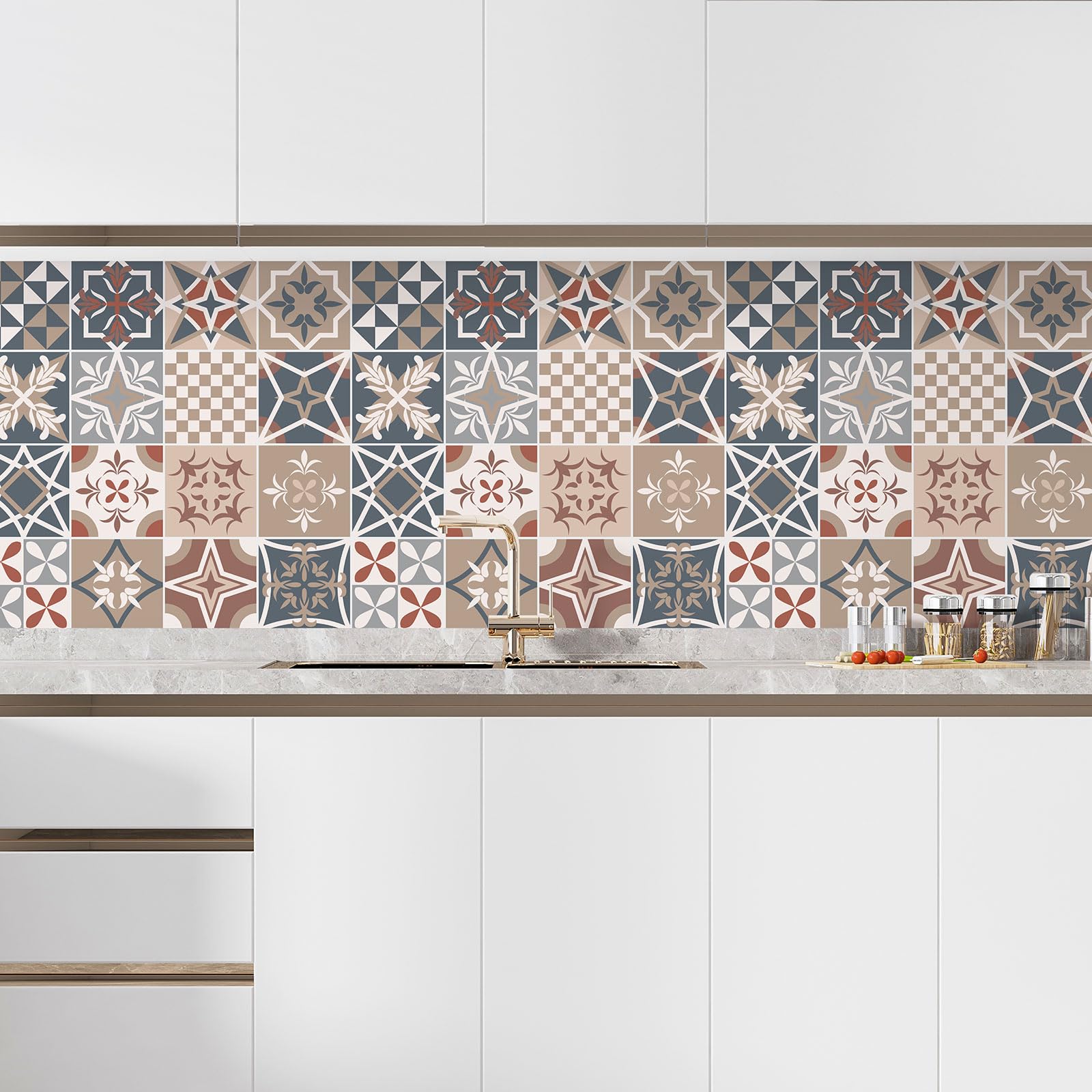 Lumalea Adesivo per cucina, effetto piastrelle di cemento, 3617681257035, adesivo + protezione opaca, 90 x 90 cm