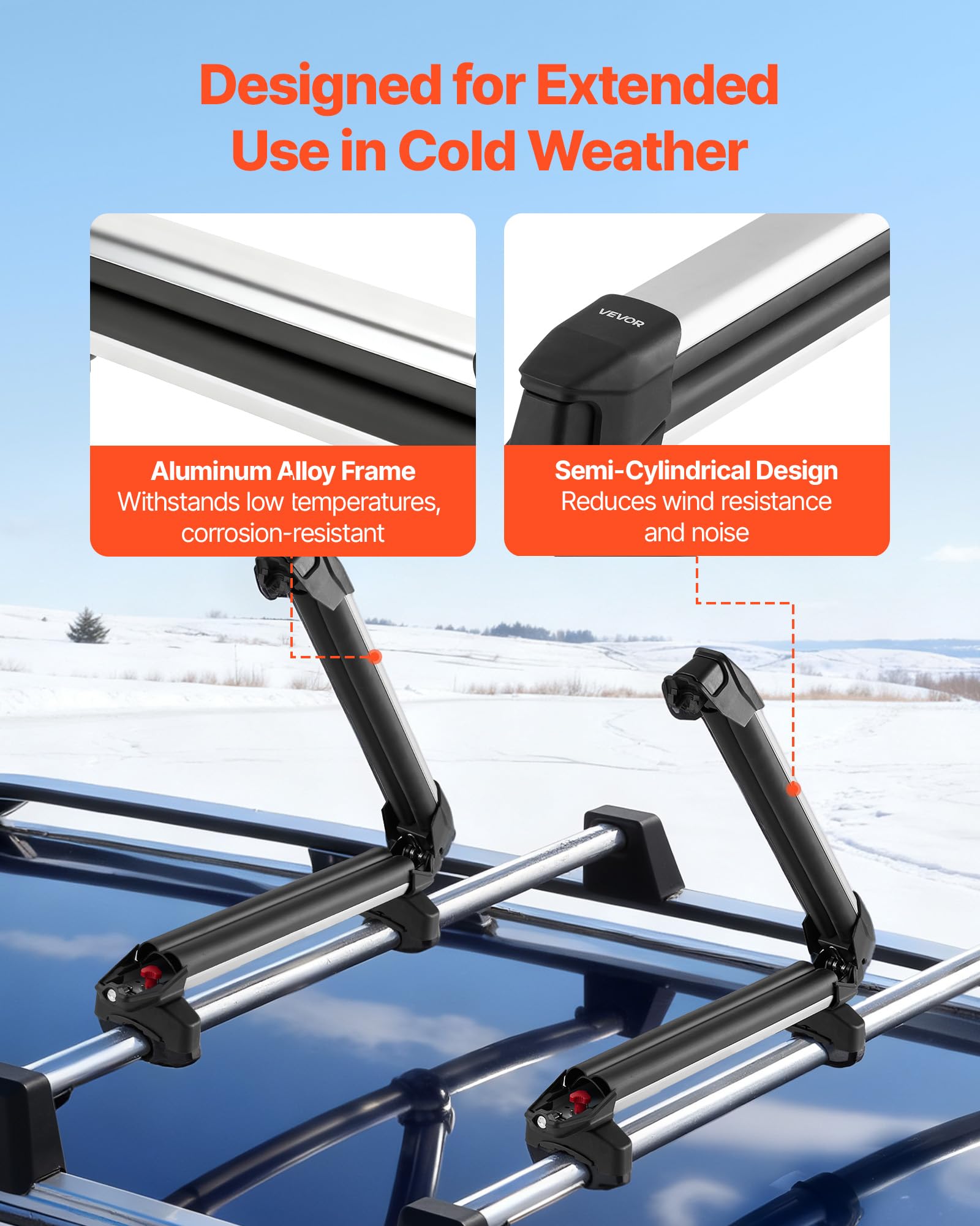 VEVOR Portasci e Snowboard, Porta Fino a 4 Paia di Sci o 2 Snowboard, 2 Supporti Universali in Alluminio per Portapacchi Auto con Serratura e Imbottitura in Gomma, Portacanna da Pesca