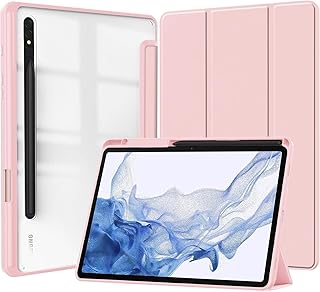Case Compatible with New Samsung Galaxy Tab S8 Plus 2022/Tab S7 FE 2021/Tab S7 Plus 2020 12.4 Inch Built-in Pencil Holder, for Tab S9 FE+/S9 Plus/S10+ 12.4 inch with Hard Clear Back Cover (Pink)