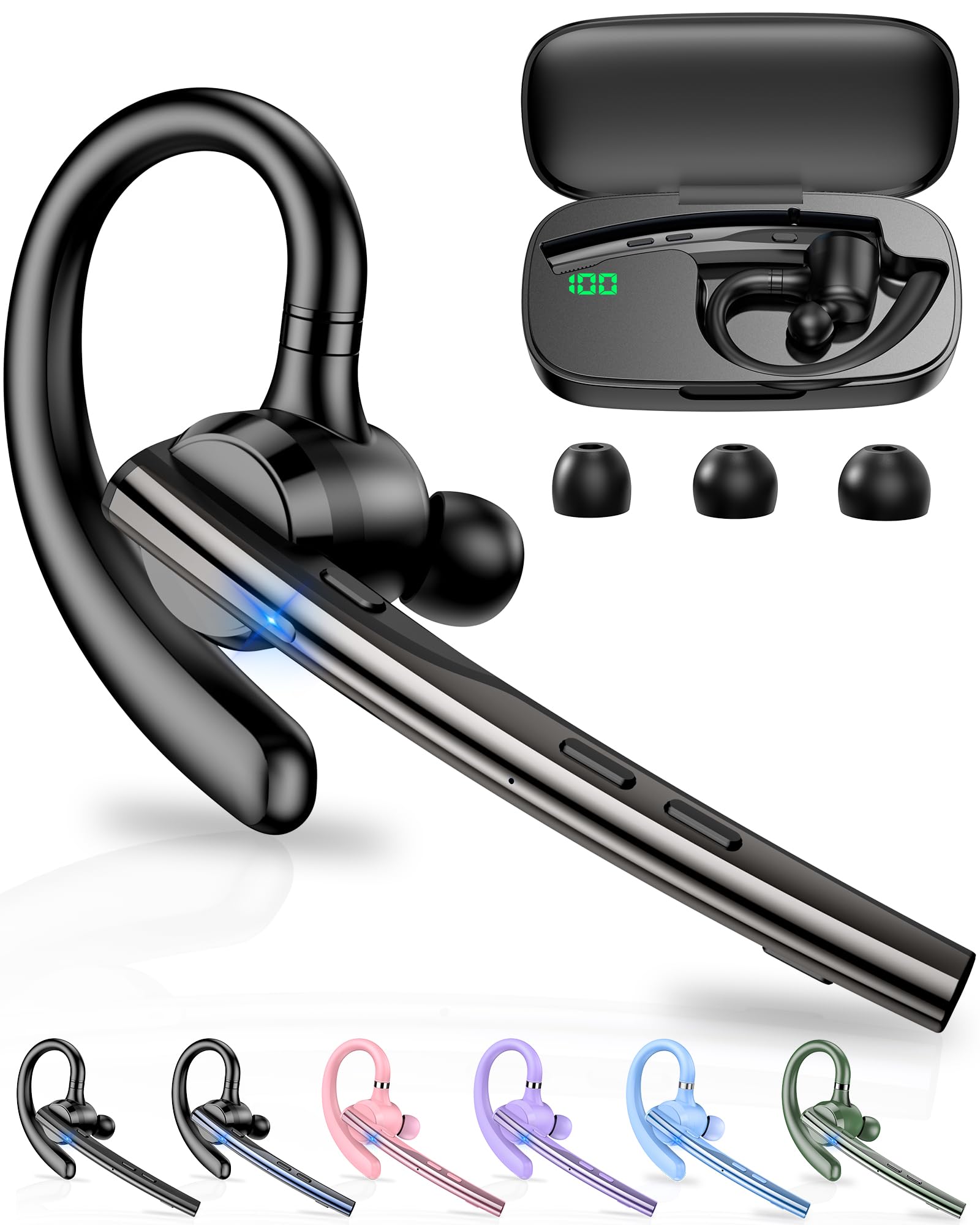 new bee bluetooth headset v5.1 72h talk time dual mic with mute button for business, wireless hand-free bluetooth earpiece with 500mah charging case for cell phone calls trucker driver laptop