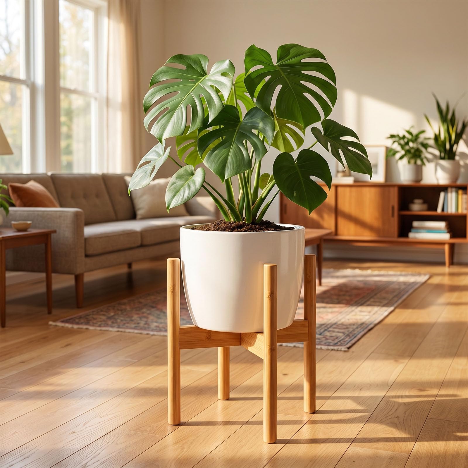 Porta Piante da Interno in Legno Regolabile 22-31cm - Robusto Piedistallo per Piante con Altezza 35cm, Supporto Vasi Reversibile per Soggiorno, Balcone e Arredo Giardino, Design a Croce Stabile