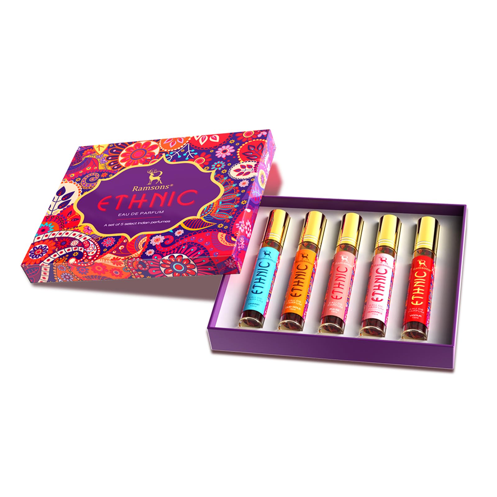 Ramsons ETHNIC EDP Set for Men & Women (5 x 15ml each) | Set of 5 Indian Perfume | Pulse | Champ | Oud-Gold | Vigour | Romance| Collection of five traditional scents