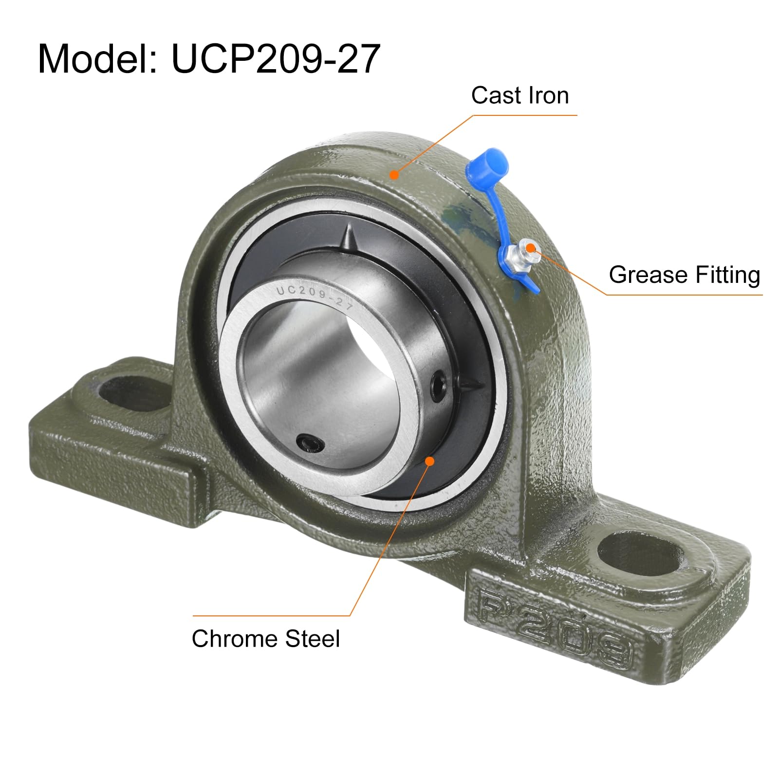 QUARKZMAN 2 Pz UCP209-27 Cuscinetti a Base Piana 1-11/16 Pollici Foro Auto-Allineanti, Base in Ghisa Massiccia Montata Cuscinetti in Acciaio al Cromo