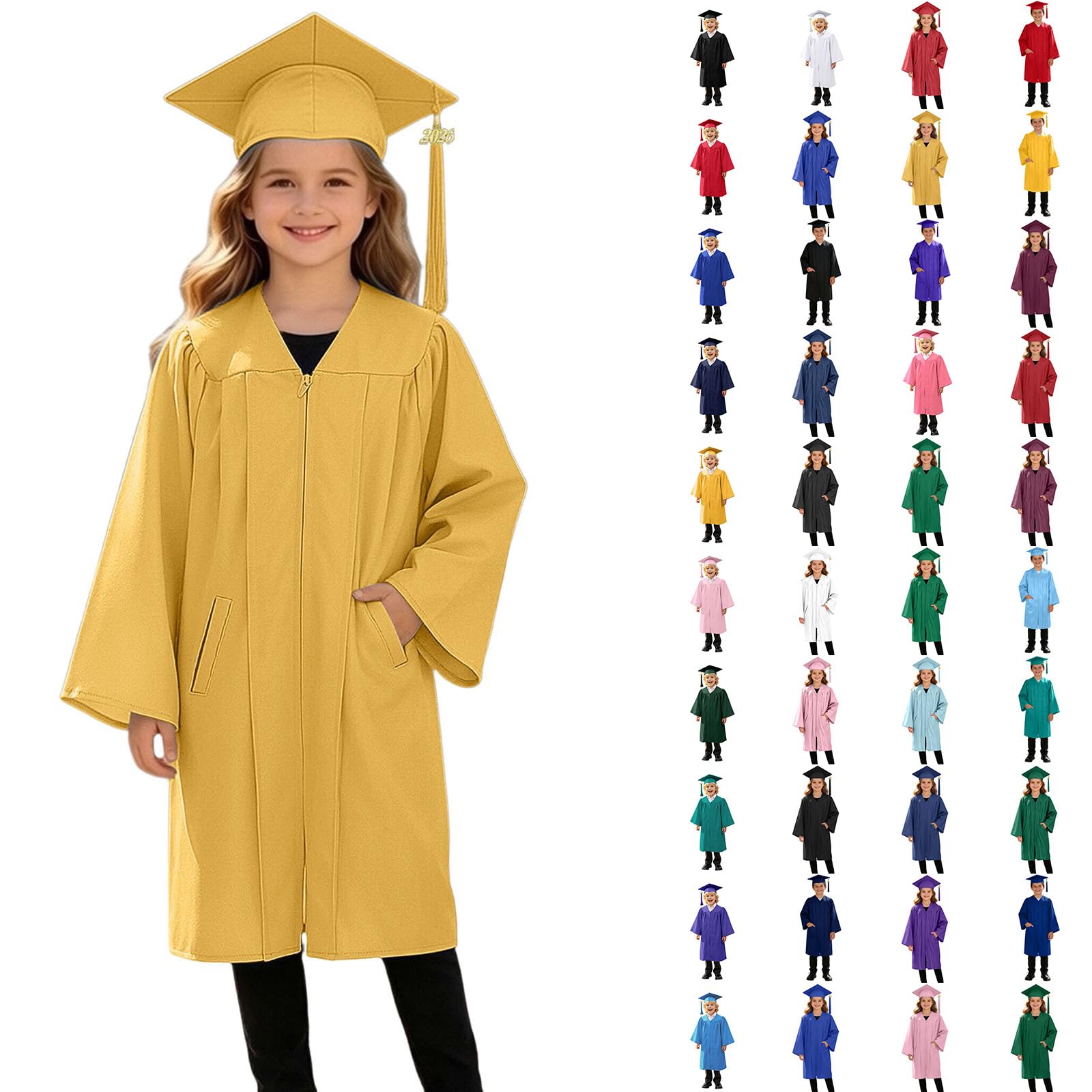 3 Piece Graduation Set for Kids, Gown, Cap, Gold 2026 Tassel, Unisex Boys Girls Preschool Kindergarten Primary School Graduation Gown and Cap Dress Up Props Costume, 22-Yellow