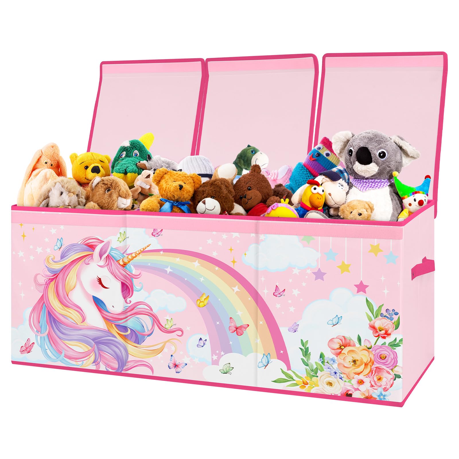 decalsweet Contenitore Giochi Bambini Extra Large con Coperchio Ribalta, Scatole Porta Giochi Pieghevole Oxford, Baule Portagiochi Impermeabile Robusto per Ragazze Ragazzi, 96×32×40cm(Unicorno Rosa)