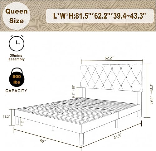 Miniatura 2 de Mhjinuwet Base de cama tamaño Queen, plataforma tapizada de terciopelo con cabecero, fácil montaje, no necesita somier, antideslizante y sin ruido,