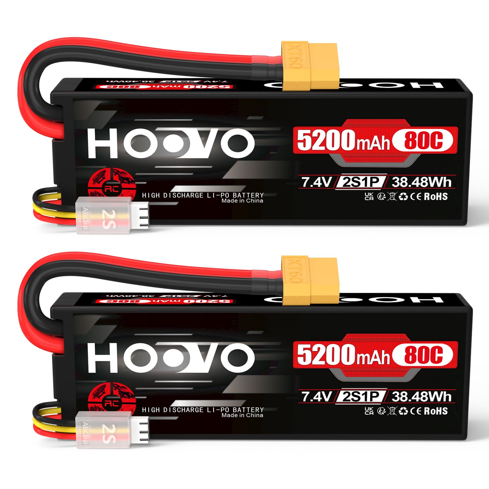 HOOVO 2S LiPo Battery 7.4 V 5200 mAh 80C Hard Case with XT60 Plug Batteries Replacement Battery for RC Car Truck Helicopter Aeroplane Rock Crawler Aeroplane Truck Boat (2 Packs)