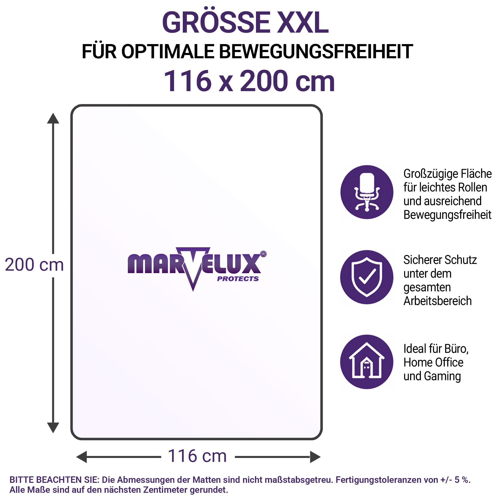 Marvelux Bodenschutzmatte Bürostuhl für Hartböden, Polycarbonat 116 x 200cm | XXL Bodenmatte Bürostuhlunterlage, Transparent Schreibtischstuhl Unterlage, langlebig und bruchsicher, leichtgängiges Rollen