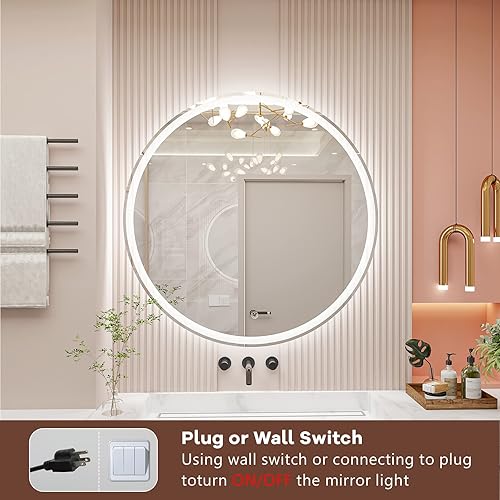Miniatura 5 de 28 Inch Round Backlit Bathroom Mirror, LED Round Mirror with Lighting Strip, Waterproof LED Strip with Adjustable 3-Color and dimmable