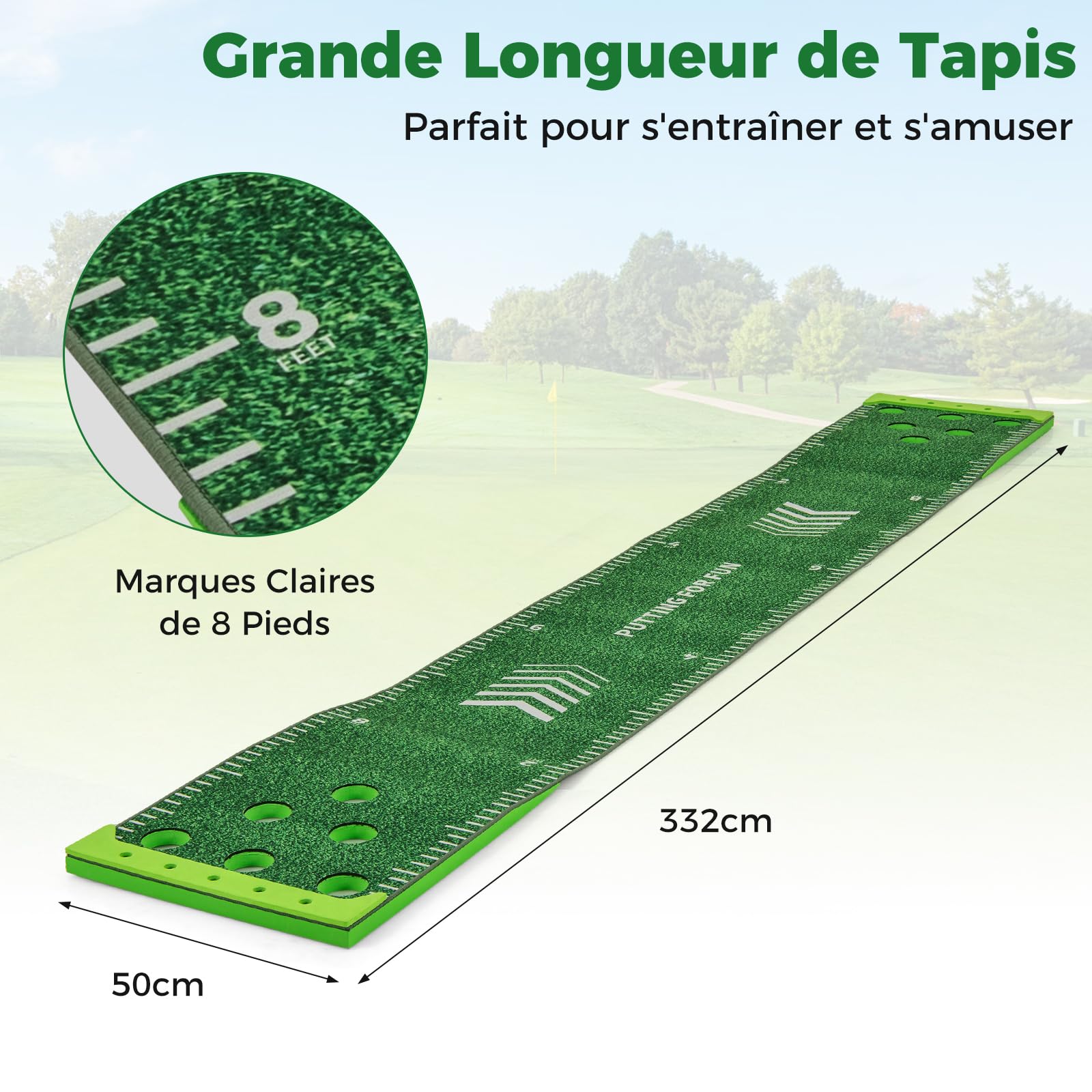 GOPLUS Tapis de Putting 332 x 50 CM Pliable et Portable avec 2 Putters Ajustables, 6 Balles et 12 Trous, Golf Putting pour Entraînement Golf, Intérieur et Extérieur, pour Maison, Bureau, Piscine
