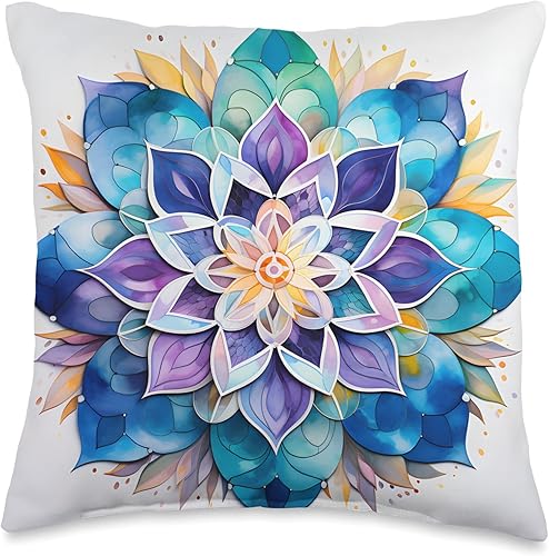 Meditation Mosaics Almohada colorida con diseño de acuarela azul y mandala, 16 x 16, multicolor