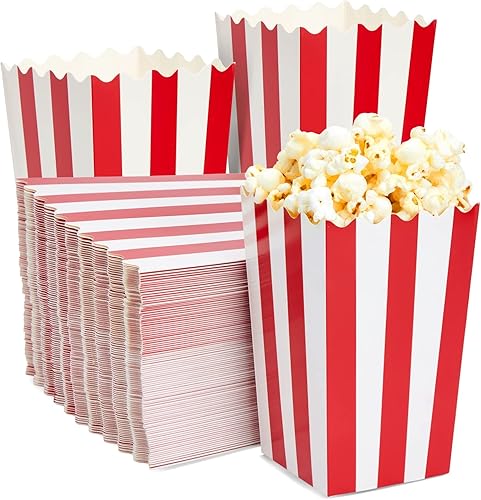 BLUE PANDA Mini cajas de palomitas de maíz, paquete de 100, 3.3 x 5.6 pulgadas, 20 onzas, rayas rojas y blancas, contenedores de palomitas de maíz a