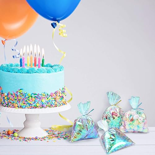 Vista 5 de Shappy 120 bolsas de celofán iridiscente, bolsas holográficas iridiscentes de fiesta con 200 lazos giratorios para fiestas, bodas, cumpleaños