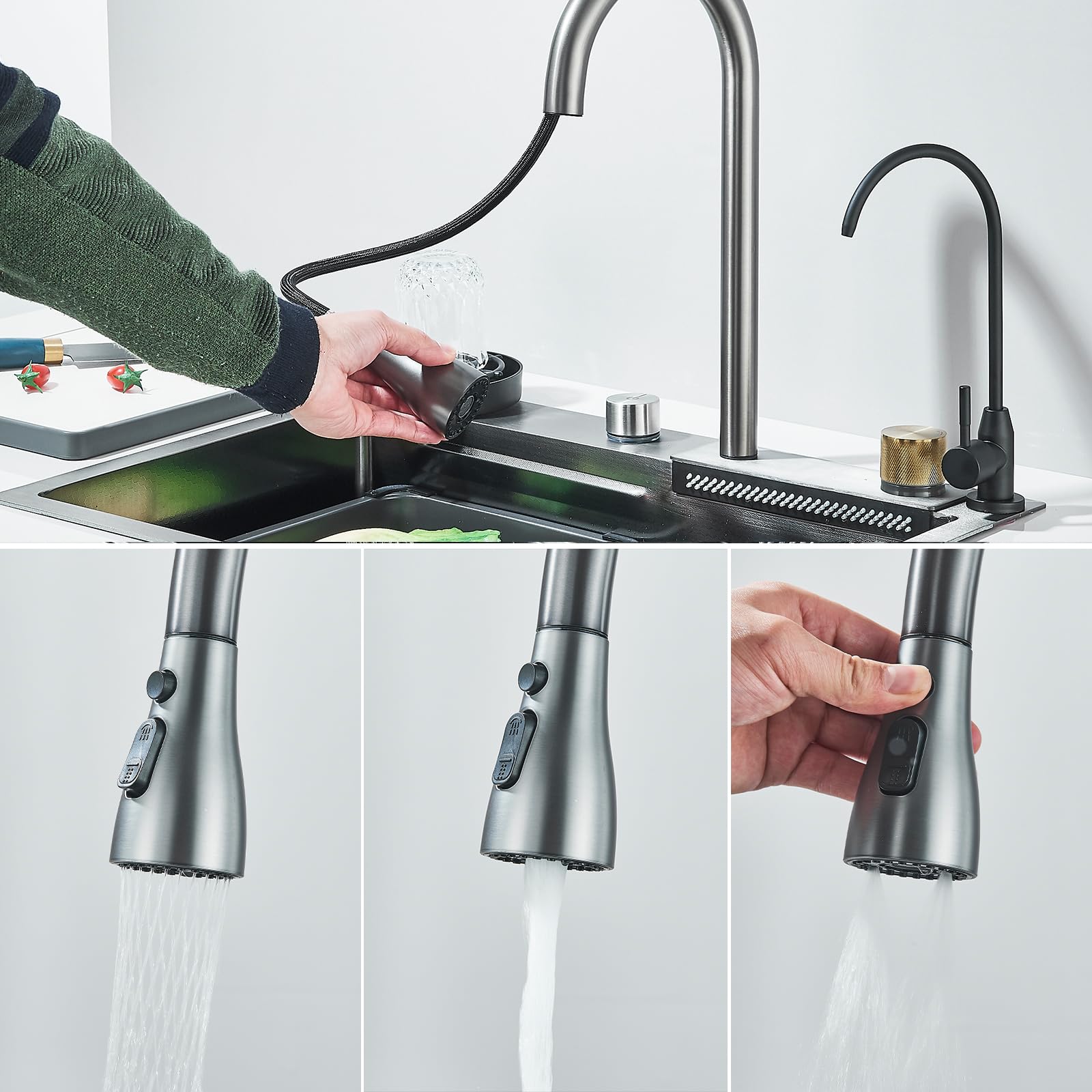 Lavello da cucina multifunzione con alta pressione, rubinetto estraibile e acqua pura risciacquo, 60 x 45 x 21 cm, automatico lavello 1 vassoio con scolapiatti