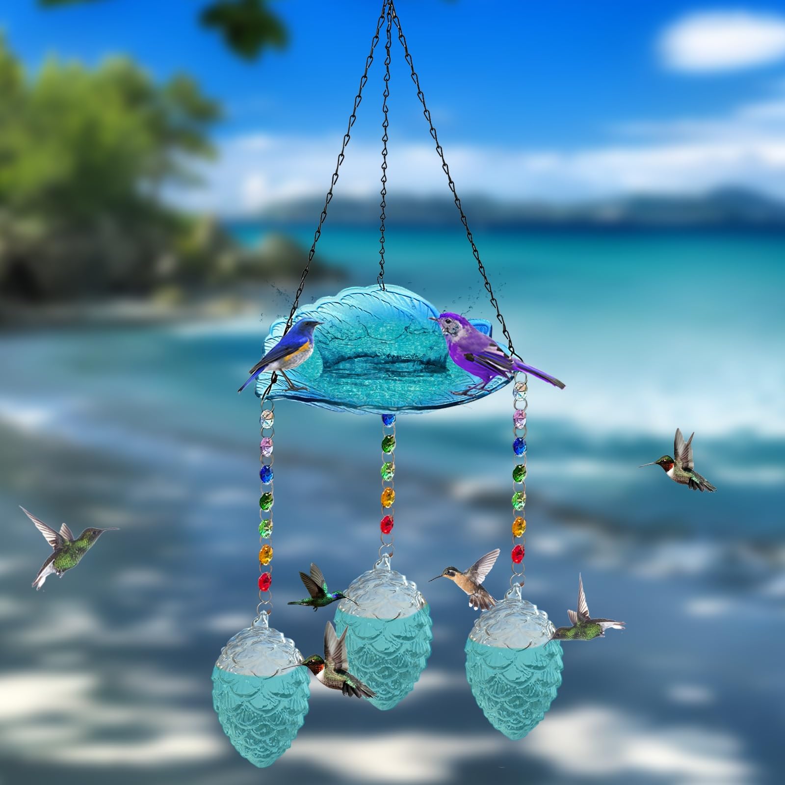 Mangeoire Oiseaux À Suspendre, Boueur d'oiseaux Ronde pour Jardin 2 en 1 Distributeur Nourriture Abreuvoir Bassin Oiseaux pour Yard De Jardin en Balcon